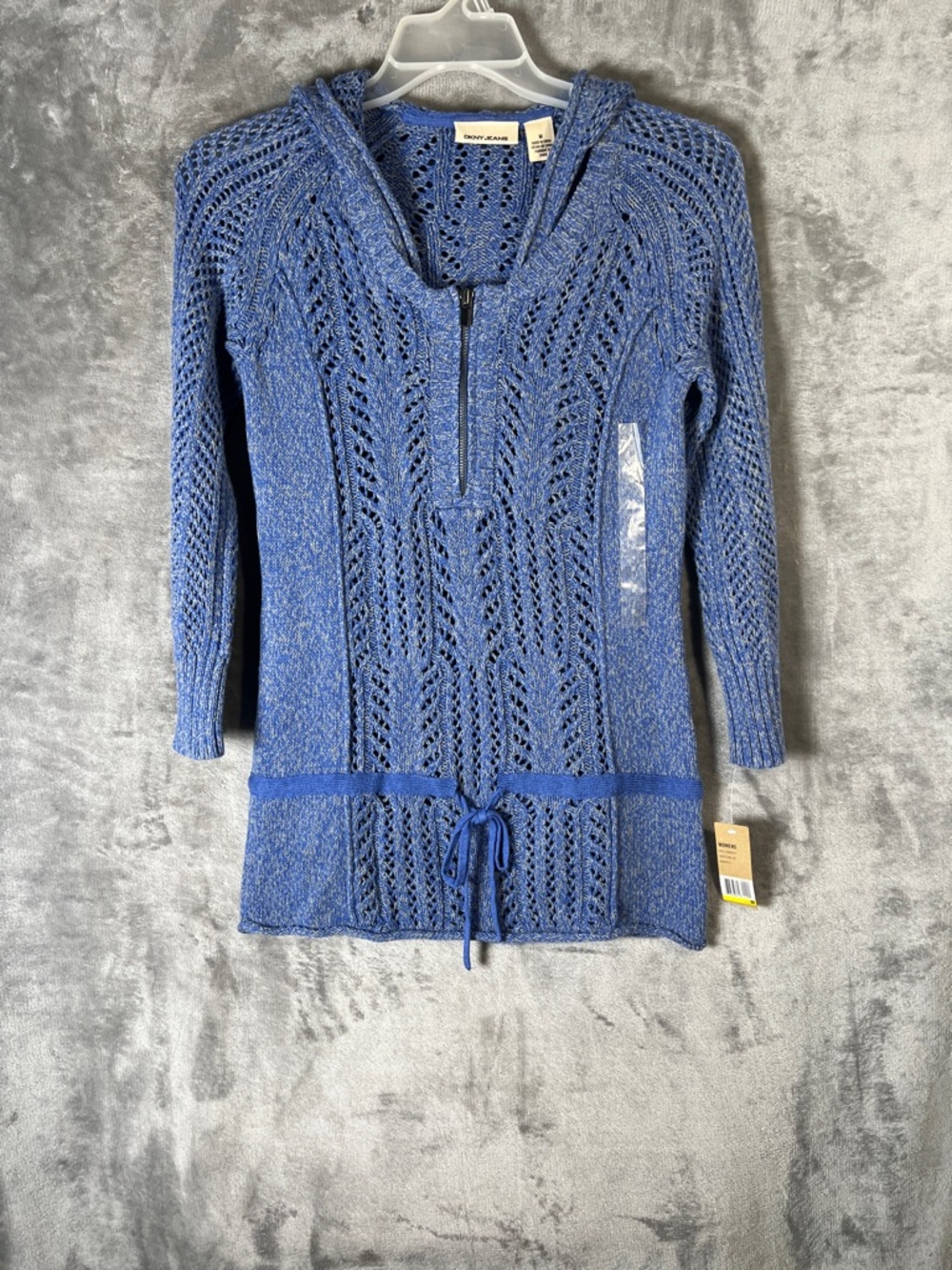 DKNY Blue Open-Knit V-Neck Hoodie Sweater with Drawstring